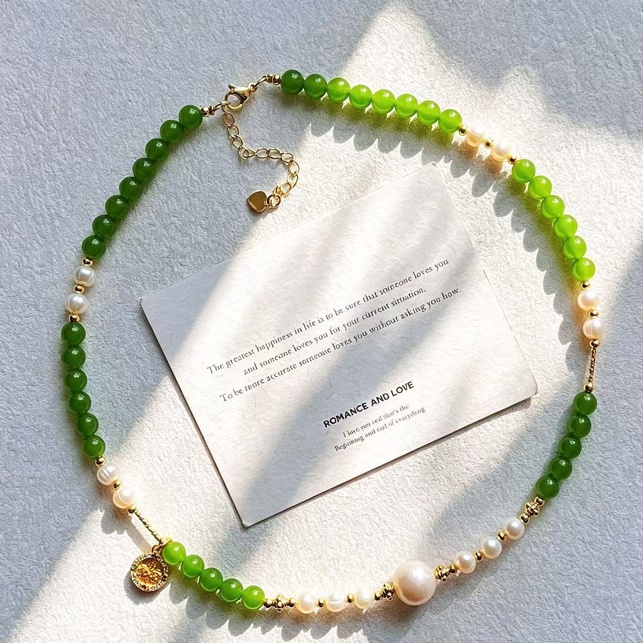 Vintage Designer Natural Jade Freshwater Pearl Necklace
