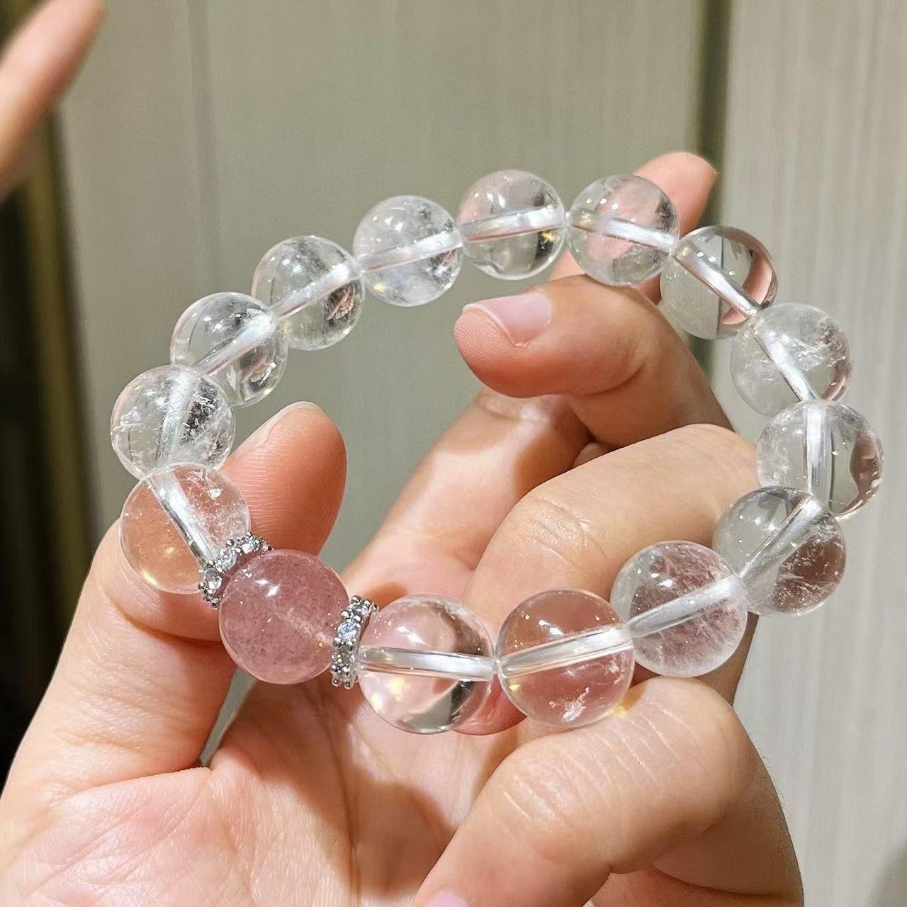 Designer Natural Clear Quartz Strawberry Quartz Large Bead 12mm Bracelet
