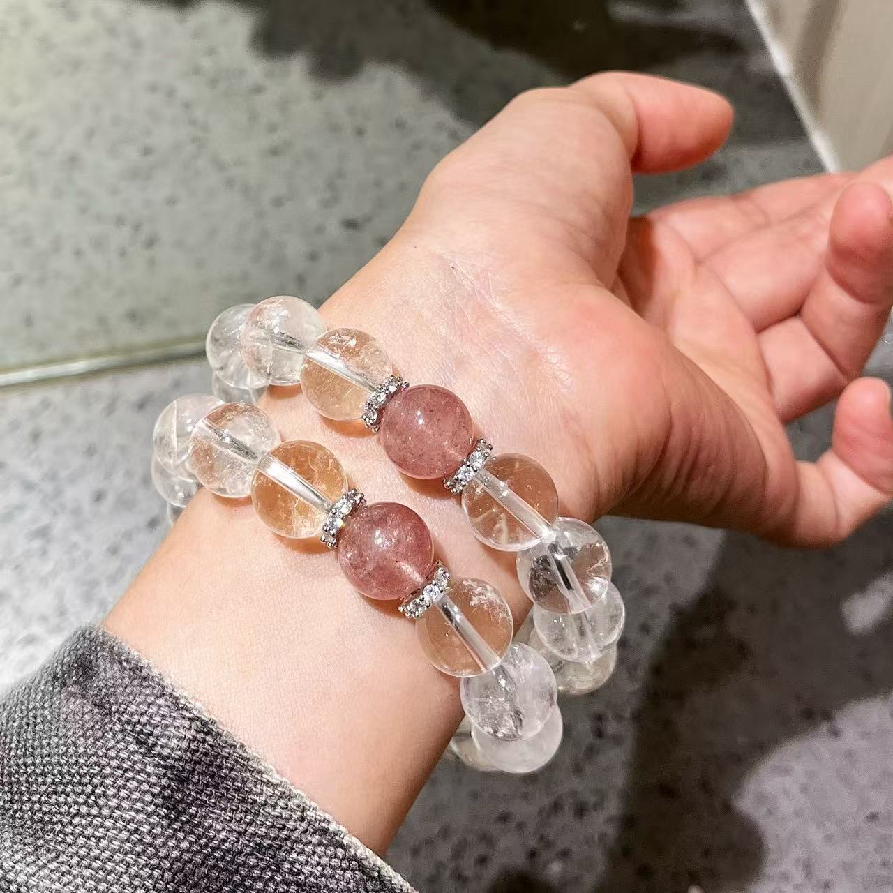 Designer Natural Clear Quartz Strawberry Quartz Large Bead 12mm Bracelet