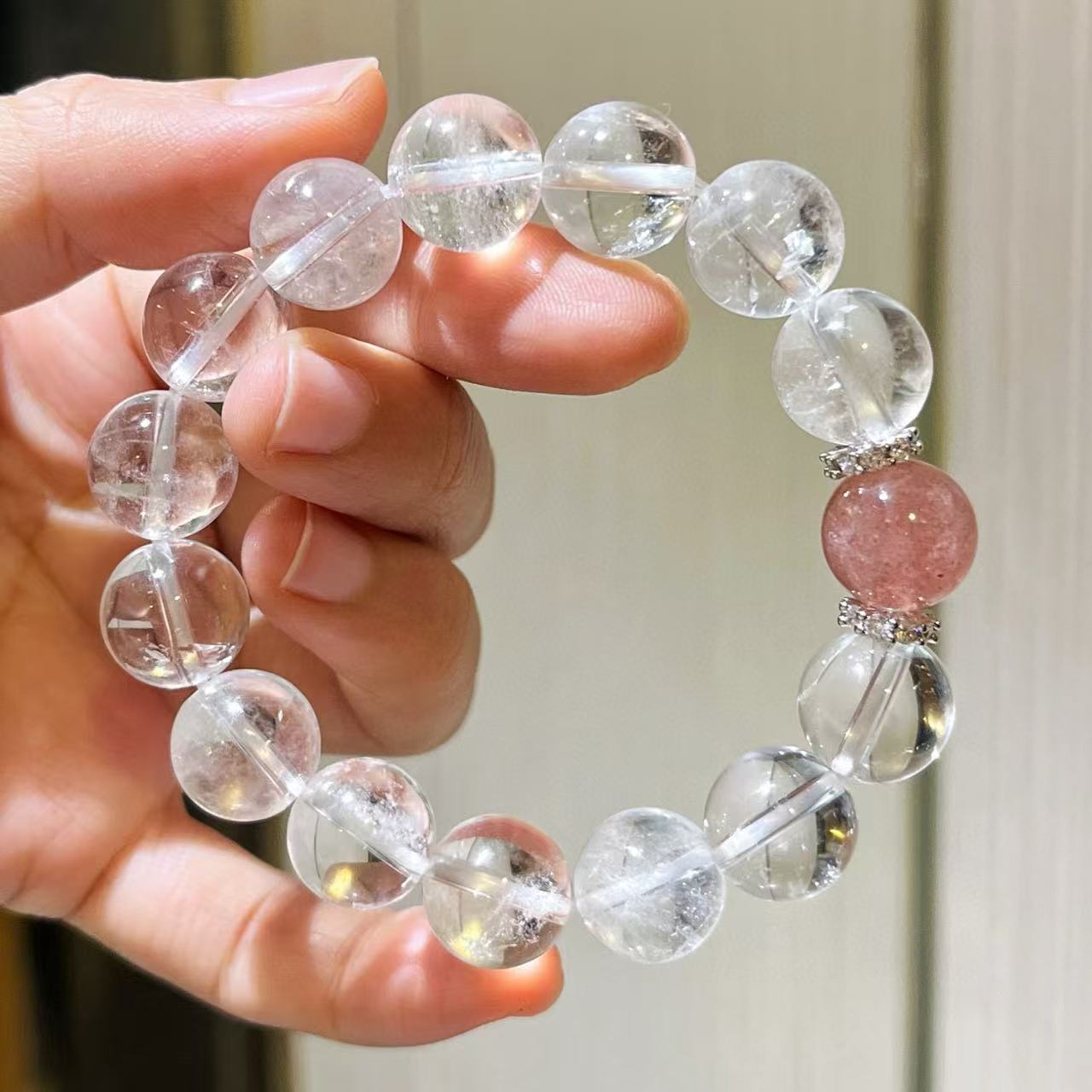 Designer Natural Clear Quartz Strawberry Quartz Large Bead 12mm Bracelet