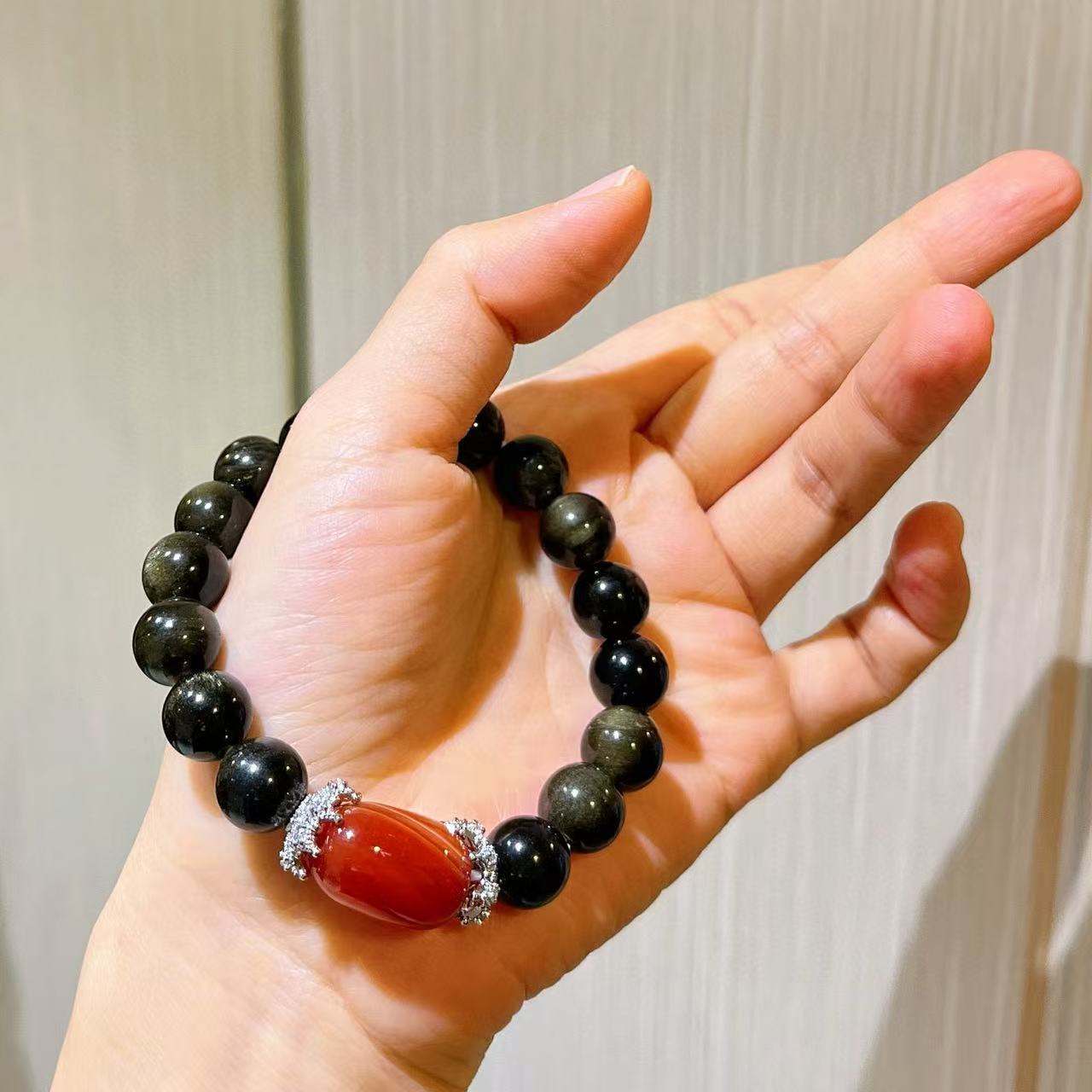 Designer Carnelian Red Agate Golden Obsidian 10mm Bracelet