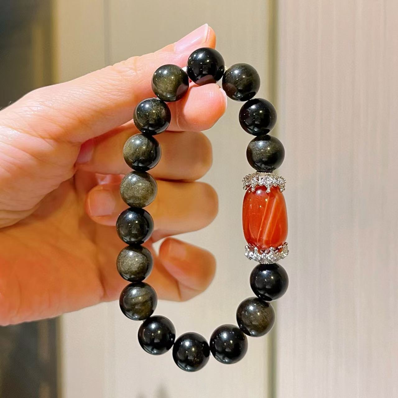Designer Carnelian Red Agate Golden Obsidian 10mm Bracelet