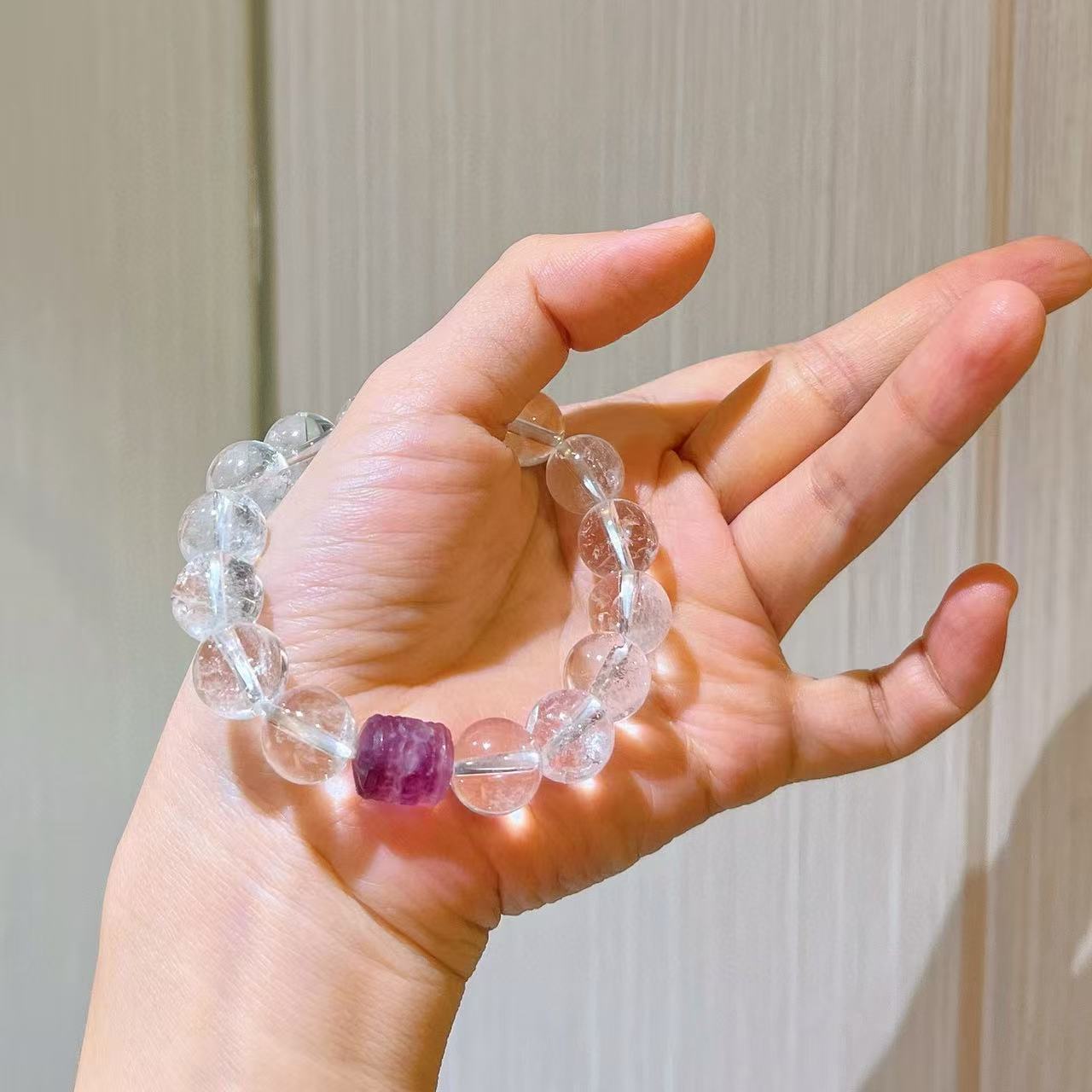 Designer Natural Clear Quartz Fluorite Greek Key 10mm Bracelet