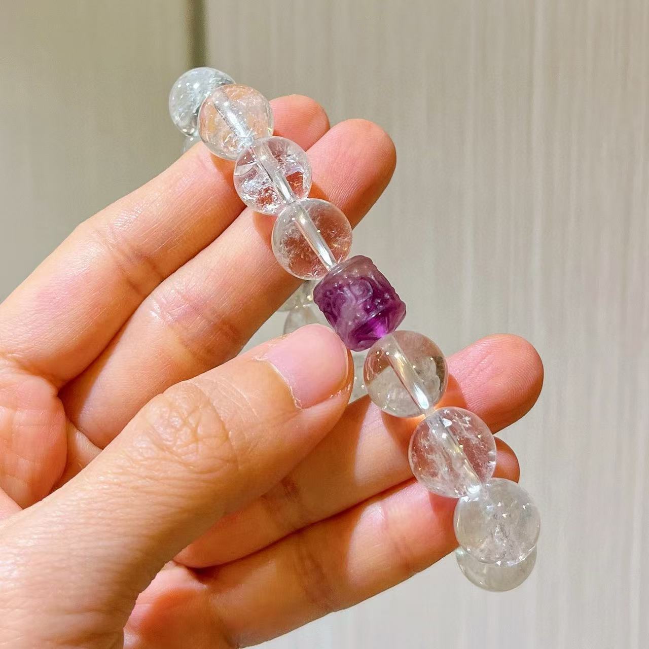 Designer Natural Clear Quartz Fluorite Greek Key 10mm Bracelet