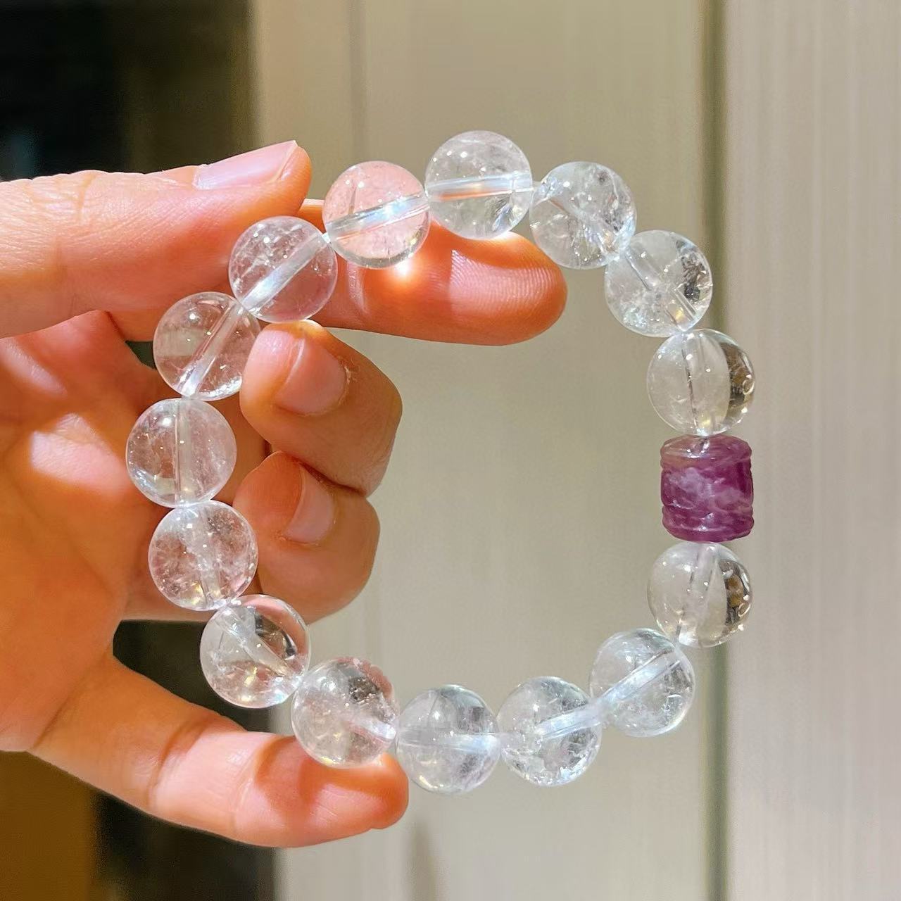 Designer Natural Clear Quartz Fluorite Greek Key 10mm Bracelet