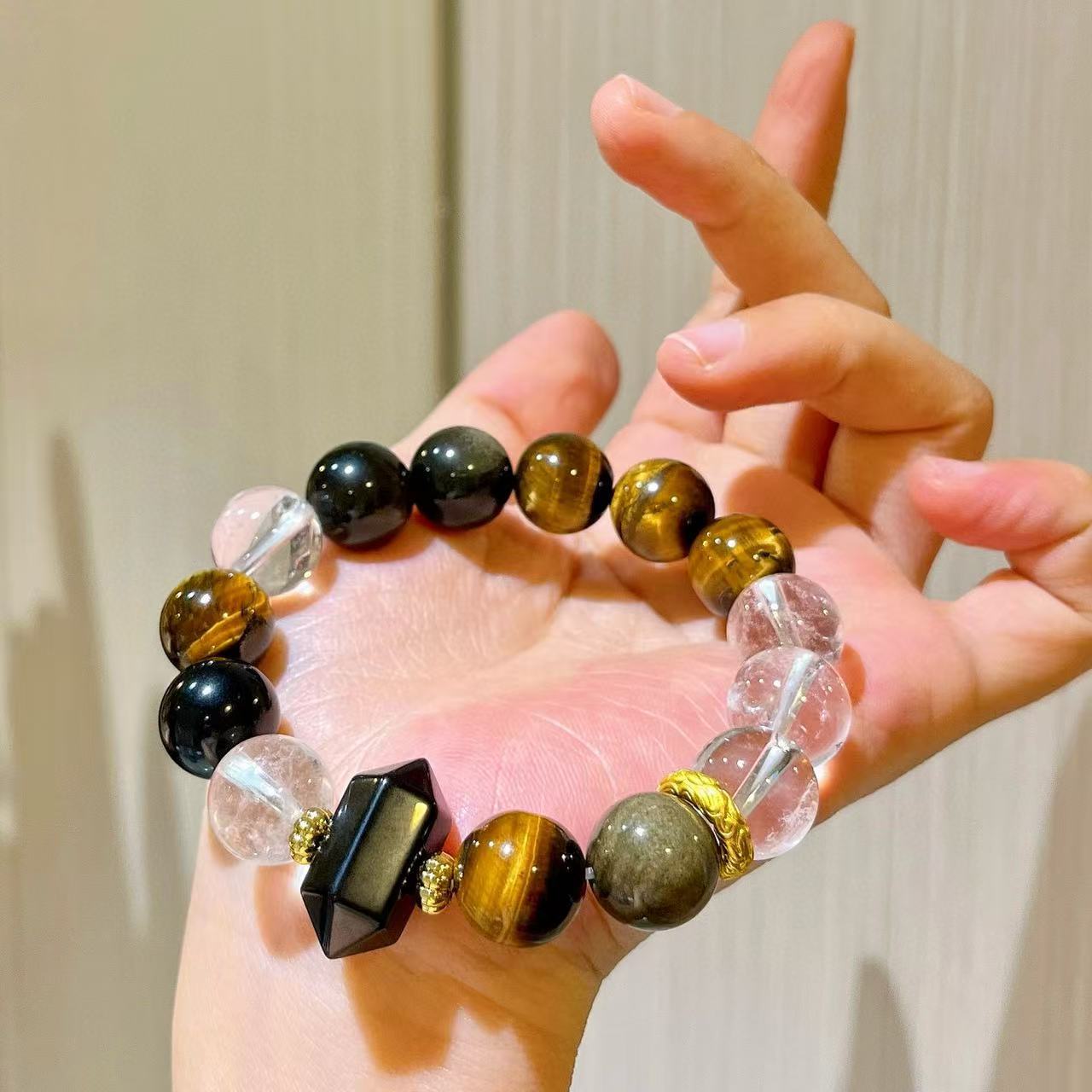 Designer Natural Clear Quartz Black Obsidian Tiger's Eye 12mm Bracelet