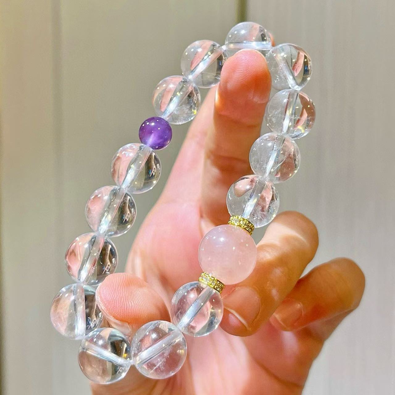 Designer Natural Rose Quartz Amethyst Clear Quartz 12mm Bracelet