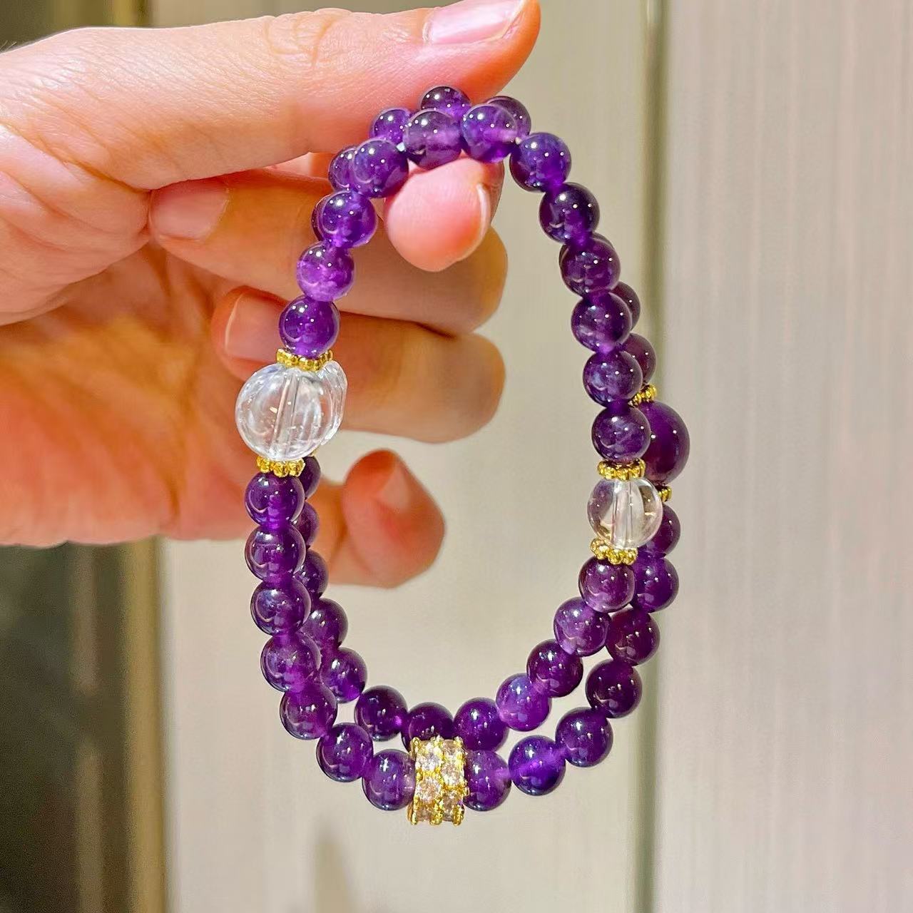 Vintage Designer Natural Amethyst Clear Quartz Multi-Wrap Bracelet